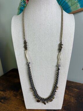 LOFT Hammered Brass Disc and Macrame Mixed Media Necklace 32 Inch